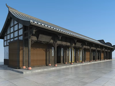 Traditional Chinese Commercial Complex With Wooden Structure Overhanging Eaves And Tile Roof 3d model