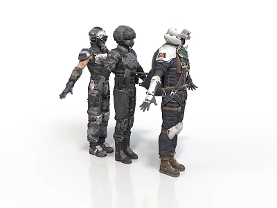Three Characters In Tactical Gear With Different Uniforms And Helmets Standing Together 3d model