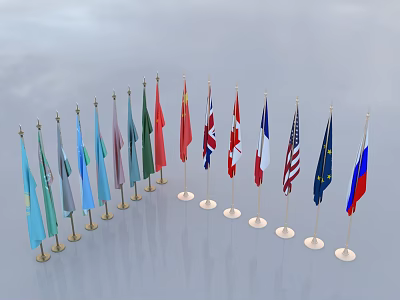 Small National Flags From Various Countries Placed On Golden Bases Arranged In A Curved Arc 3d model