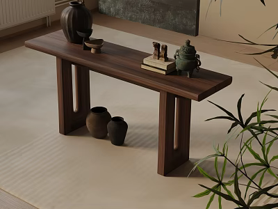 Minimalist Wooden Console Table And Side Cabinet Interior With Decorative Vases Books And Plants 3d model