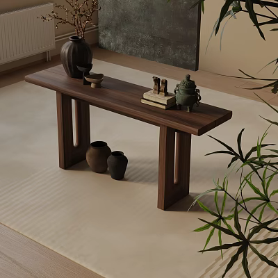 Minimalist Wooden Console Table And Side Cabinet Interior With Decorative Vases Books And Plants 3d model