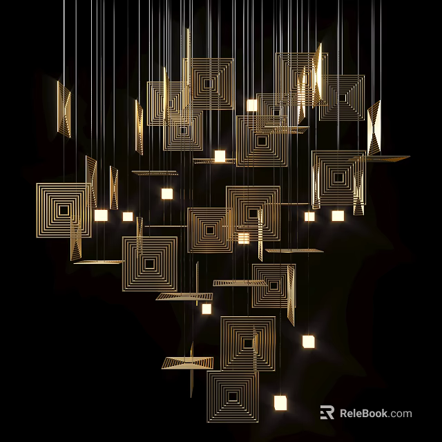 Modern Geometric Gold Layered Chandelier Design with Hanging Square Panels for Home Lighting 3d model 
