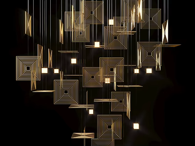 Modern Geometric Gold Layered Chandelier Design with Hanging Square Panels for Home Lighting 3d model