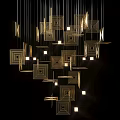 Modern Geometric Gold Layered Chandelier Design with Hanging Square Panels for Home Lighting