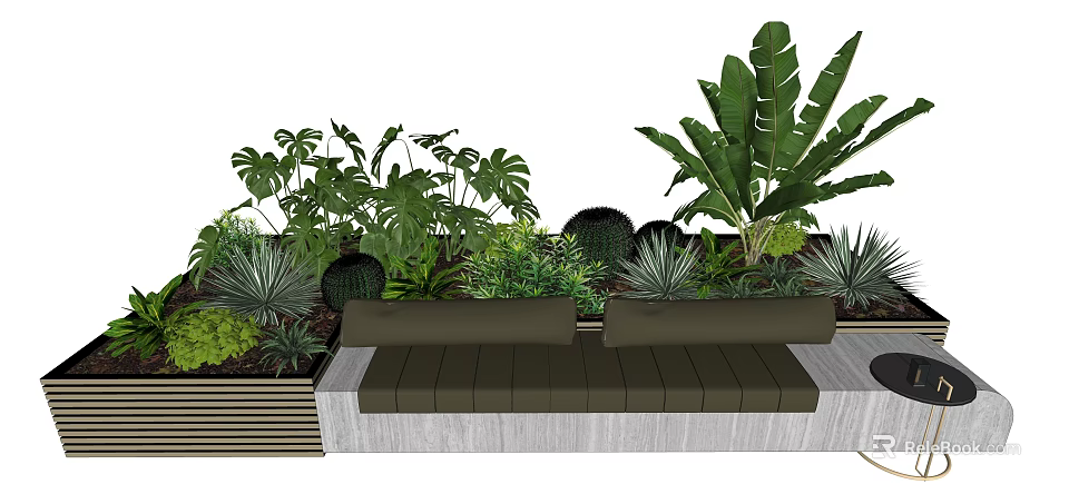 Two Seater Outdoor Chair with Upholstered Cushions Surrounded by Lush Green Plants 3d model 