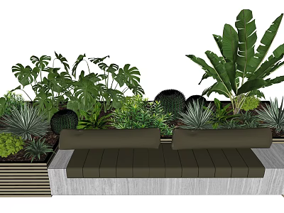 Two Seater Outdoor Chair with Upholstered Cushions Surrounded by Lush Green Plants 3d model