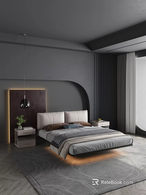 Modern Bedroom Interior With Double Bed Upholstered Headboard Nightstands Pendant Light And Curtains 3d model 