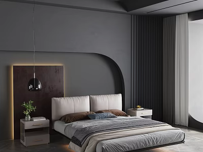 Modern Bedroom Interior With Double Bed Upholstered Headboard Nightstands Pendant Light And Curtains 3d model