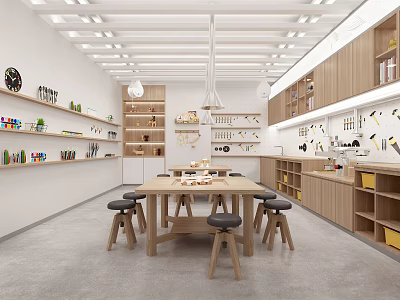 School Craft Room With Wooden Tables Stools And Storage Shelves 3d model