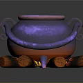Purple Metallic Cauldron With Handles On Burning Logs And Flames
