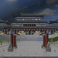 Traditional Chinese Archway Architectural Design with Multi Layered Roofs and Eaves in Plaza Square