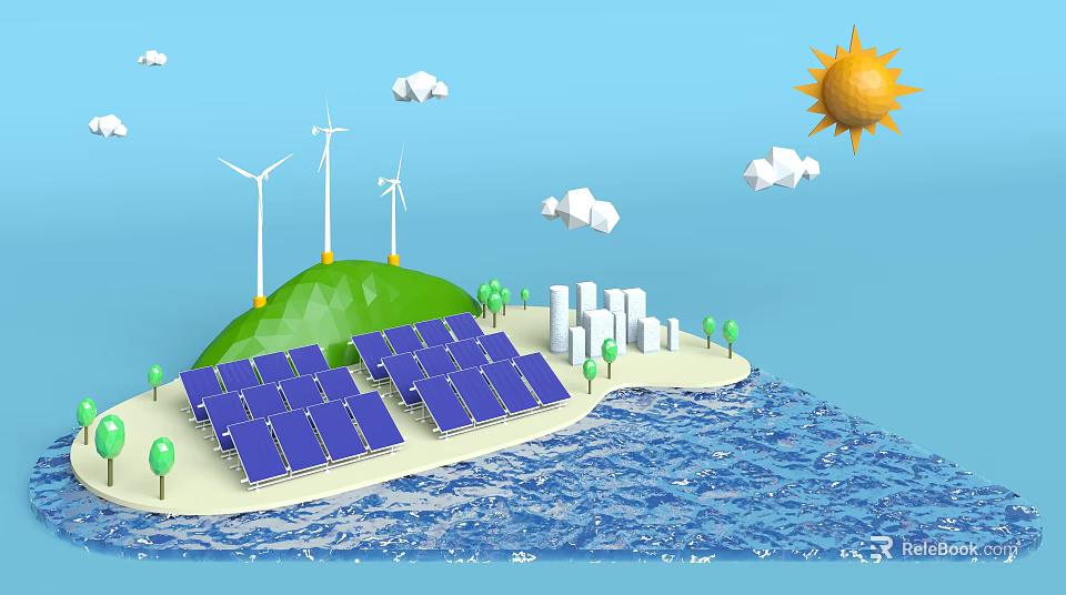 Green Island Featuring Solar Panels Wind Turbines And Modern City By Ocean 3d model 