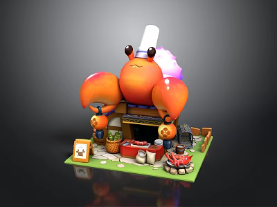 Cartoon Style Crab Shaped Stall Landscape with Pumpkin Lanterns Food Items and Small Signboard 3d model