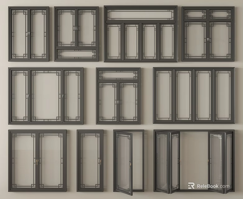 Various Window Frame Designs With Different Glass Panels And Grid Structures 3d model