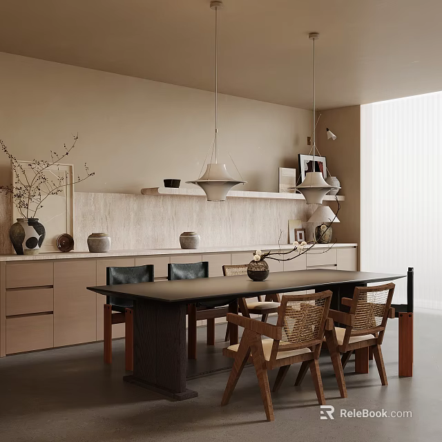Modern Dining Table Set With Beige Walls Hanging Pendant Lights Chairs And Decorative Vases 3d model 
