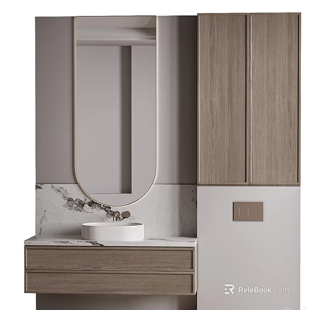 Modern Bathroom Interior With Wooden Cabinet Oval Mirror And Marble Countertop 3d model 