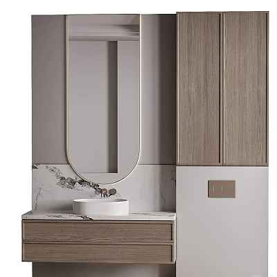 Modern Bathroom Interior With Wooden Cabinet Oval Mirror And Marble Countertop 3d model