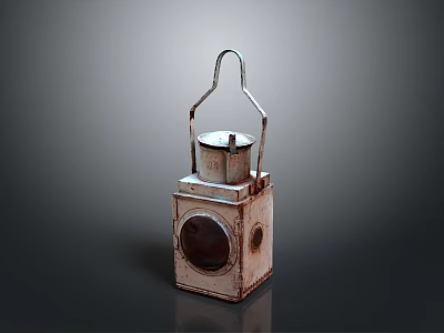 Vintage Metal Lantern With Round Glass Panel Rustic Surface And Hanging Handle 3d model
