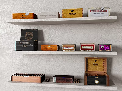 Assorted Wooden Cigar Boxes Arranged On Shelves With Various Colors And Designs 3d model