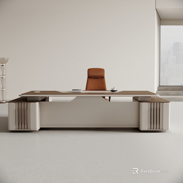 Modern Office Desk with Brown Tabletop and White Side Cabinets near Window with Cityscape Background 3d model 