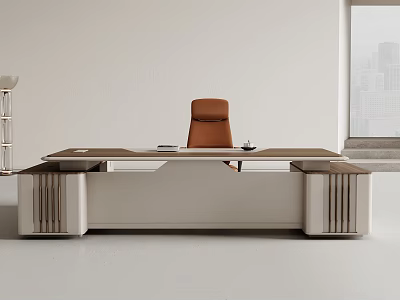Modern Office Desk with Brown Tabletop and White Side Cabinets near Window with Cityscape Background 3d model