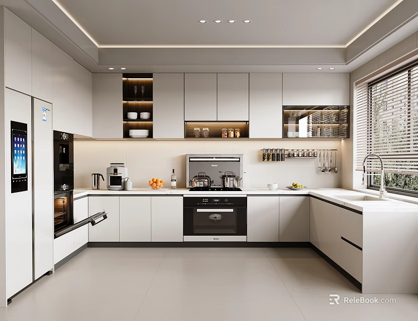 Modern White Kitchen Interior With Sleek Cabinets Smart Appliances And Window View 3d model