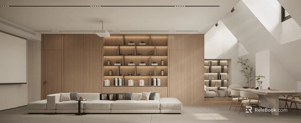 Modern Minimalist Living Room Interior With Wooden Bookshelf And Sofa 3d model 