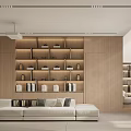 Modern Minimalist Living Room Interior With Wooden Bookshelf And Sofa