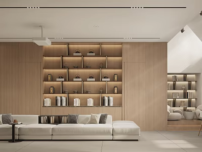 Modern Minimalist Living Room Interior With Wooden Bookshelf And Sofa 3d model