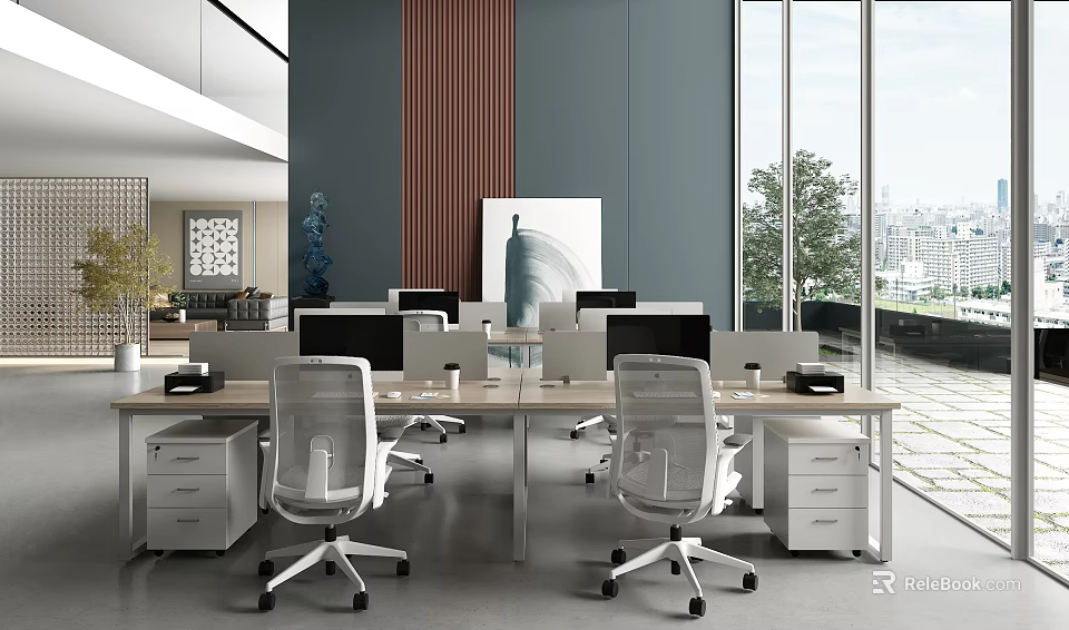 Modern Public Office Space Interior With Desks Ergonomic Chairs Computers And City View Through Large Windows 3d model 