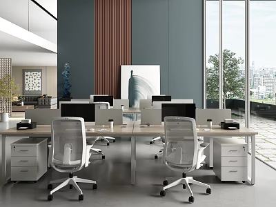 Modern Public Office Space Interior With Desks Ergonomic Chairs Computers And City View Through Large Windows 3d model