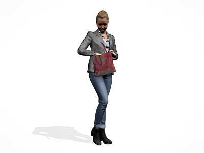 Woman In Gray Blazer Blue Jeans Holding Red Handbag With Black Boots 3d model