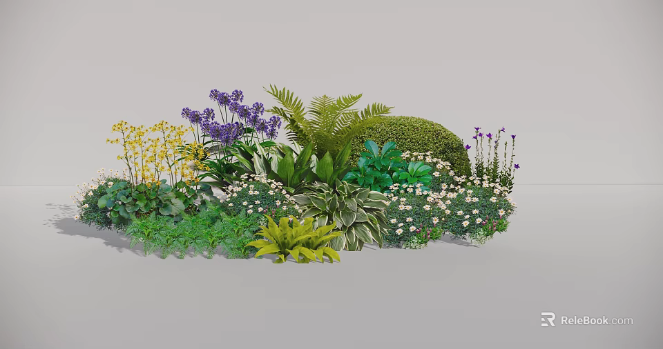 Colorful Garden With Purple Yellow Flowers Ferns Green Shrubs And White Blooms 3d model 