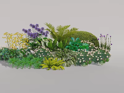 Colorful Garden With Purple Yellow Flowers Ferns Green Shrubs And White Blooms 3d model