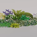 Colorful Garden With Purple Yellow Flowers Ferns Green Shrubs And White Blooms