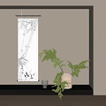 Ceramic Vase with Natural Fern Plants on Shelf Near Bamboo Scroll in Soft Serene Light