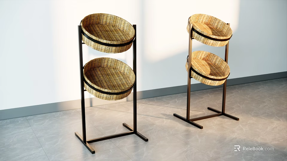 Display Shelves with Woven Baskets and Black Metal Frames for Modern Storage 3d model 