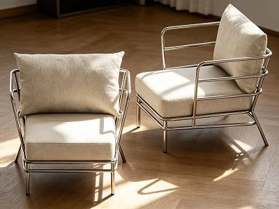 Elegant Modern Armchair With Metal Frame Beige Cushion And Sunlit Wooden Floor 3d model