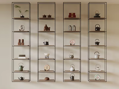 Tea Sets Displayed On Black Metal Shelves With Multiple Layers Teapots Cups And Decor 3d model