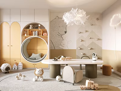 Playful Kids Room Interior With Round Hanging Chair Toys And Cloud Lighting 3d model