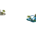 Tropical Decorative Scene With Blue Waves Palm Trees Green Plants And Small Boat