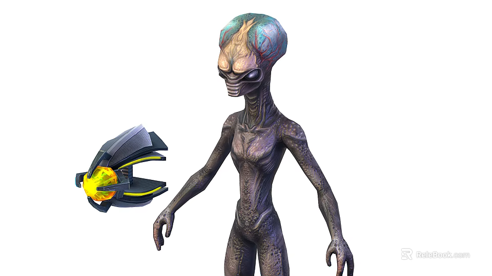 Alien Creature With Slender Body Holding Glowing Yellow And Black Tech Gadget 3d model 