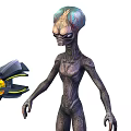Alien Creature With Slender Body Holding Glowing Yellow And Black Tech Gadget
