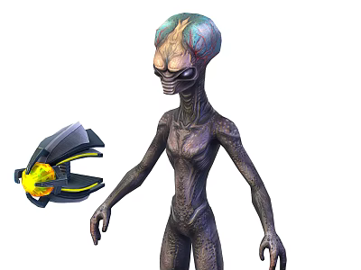 Alien Creature With Slender Body Holding Glowing Yellow And Black Tech Gadget 3d model