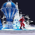 Christmas Check in Area with Santa Blue White Hot Air Balloon Snowflakes and Tree