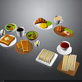 Assorted Delicious Breakfast Food With Toast Sandwiches Fried Eggs Fruit Platter Salad Coffee And Tea