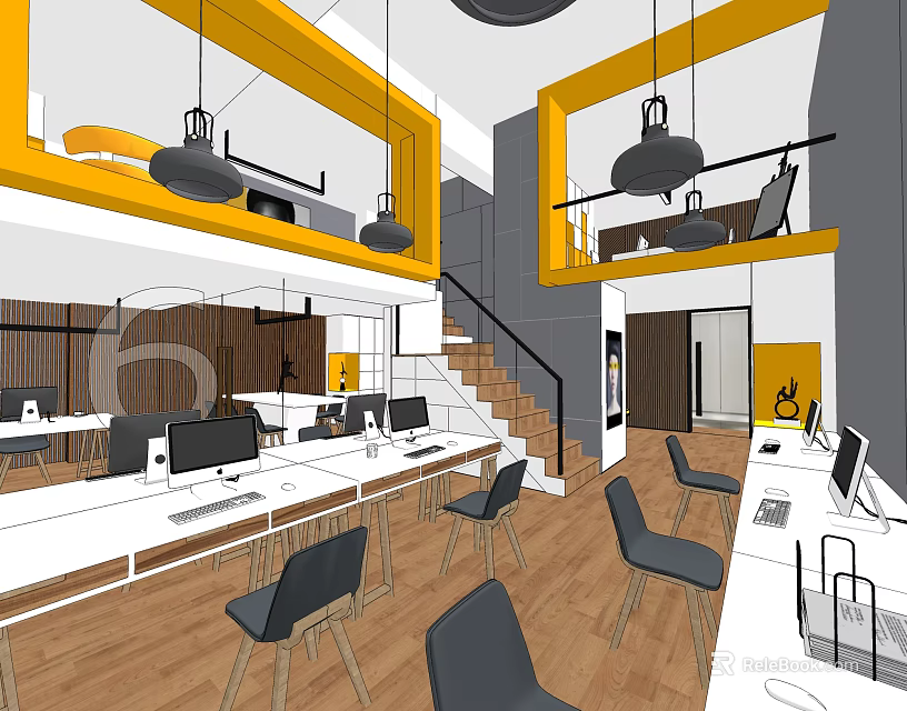 Modern Public Office Space With Open Layout Wooden Flooring Black Chairs And Yellow Pendant Lights 3d model 