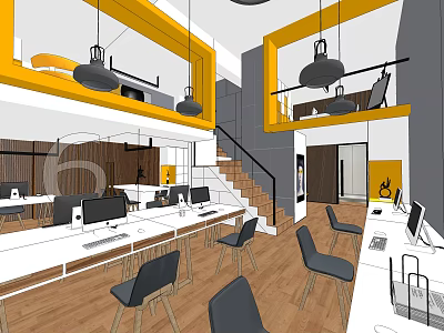 Modern Public Office Space With Open Layout Wooden Flooring Black Chairs And Yellow Pendant Lights 3d model