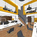 Modern Public Office Space With Open Layout Wooden Flooring Black Chairs And Yellow Pendant Lights