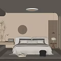 Modern Bedroom Interior With Comfy Bed Wooden Circular Decor Round Ceiling Light Plant And Rug